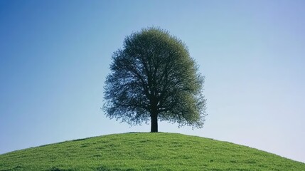 Obraz premium A single, towering tree in a vast spring meadow, with green grass and the clear blue sky stretching endlessly in the background.