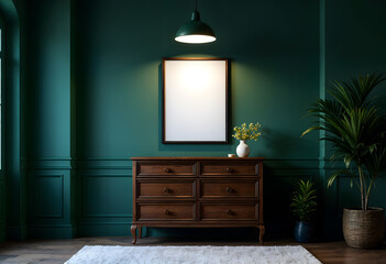 Mock-up frame on a modern commode in a dark green-themed home interior, 3d render