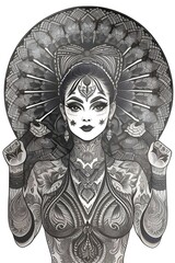 Naklejka premium vintage lino cut tattoo design of a gogo dancer woman, the woman's whole body is covered in tattoos. flash art, old school, 