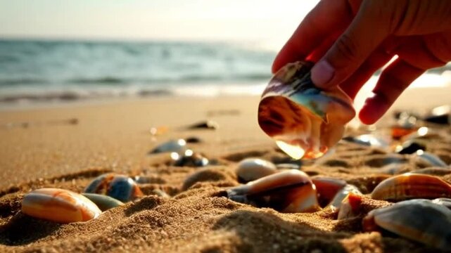 Cinematic close-up of hand sifting through sand, revealing seashell details with vibrant colors and ocean sounds