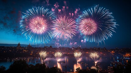 Vibrant fireworks display over a city skyline and water, with the city lights reflecting in the water.