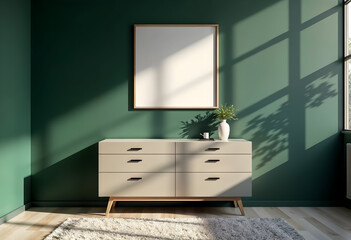 Mock-up frame on a modern commode in a dark green-themed home interior, 3d render