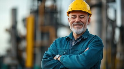 A senior man wearing a hard hat and work clothes smiles and looks directly at the camera while standing in front of a large industrial facility.
