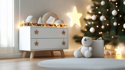 Cozy christmas corner with soft toys decorated tree and warm lights creating a magical holiday atmosphere in a charming room