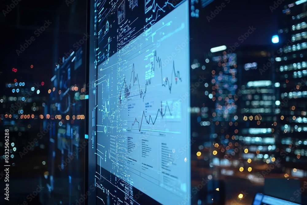 Poster a detailed analysis of financial data displayed on a screen with blurry city lights in the backgroun