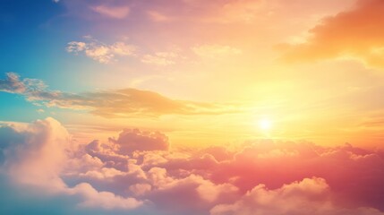 Fototapeta premium Sunset sky background. Blue sky with golden light and clouds with soft blur motion effect backgrounds. Sky clouds backdrop.