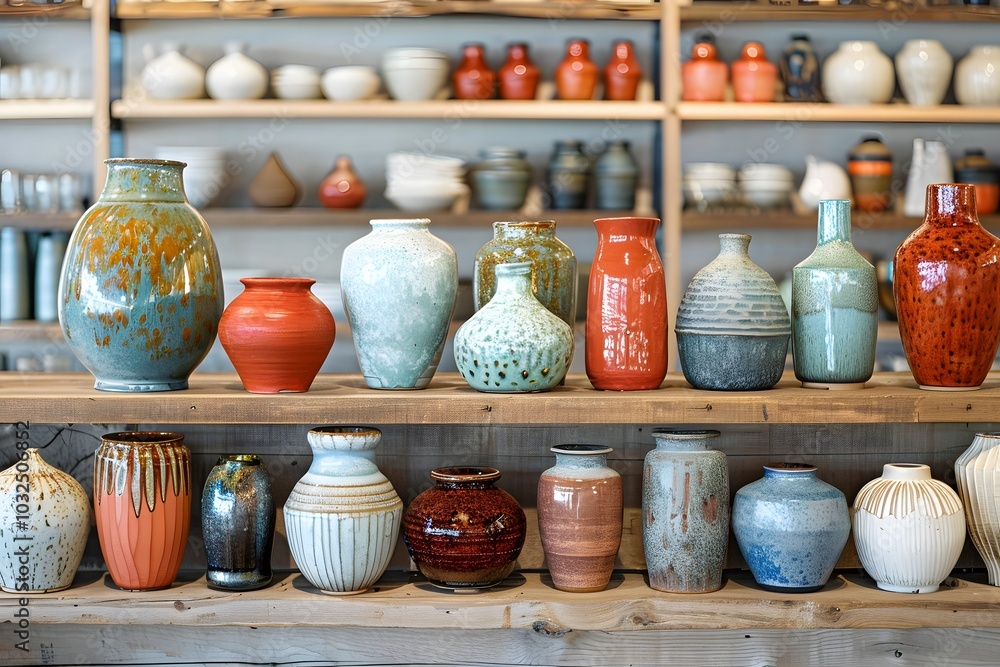 Poster a colorful display of handcrafted pottery in a rustic setting