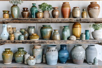 A Beautiful Display of Handcrafted Pottery on Rustic Shelves