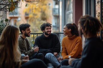 Obraz premium Multiethnic group of friends in balcony and talking, Generative AI