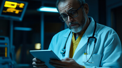 Doctor reviewing patient data on a tablet in a dimly lit hospital room during night shift