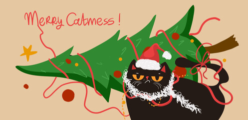 Grumpy black cats knocked down a Christmas tree. Flat vector Christmas illustration. Meowy Catmess