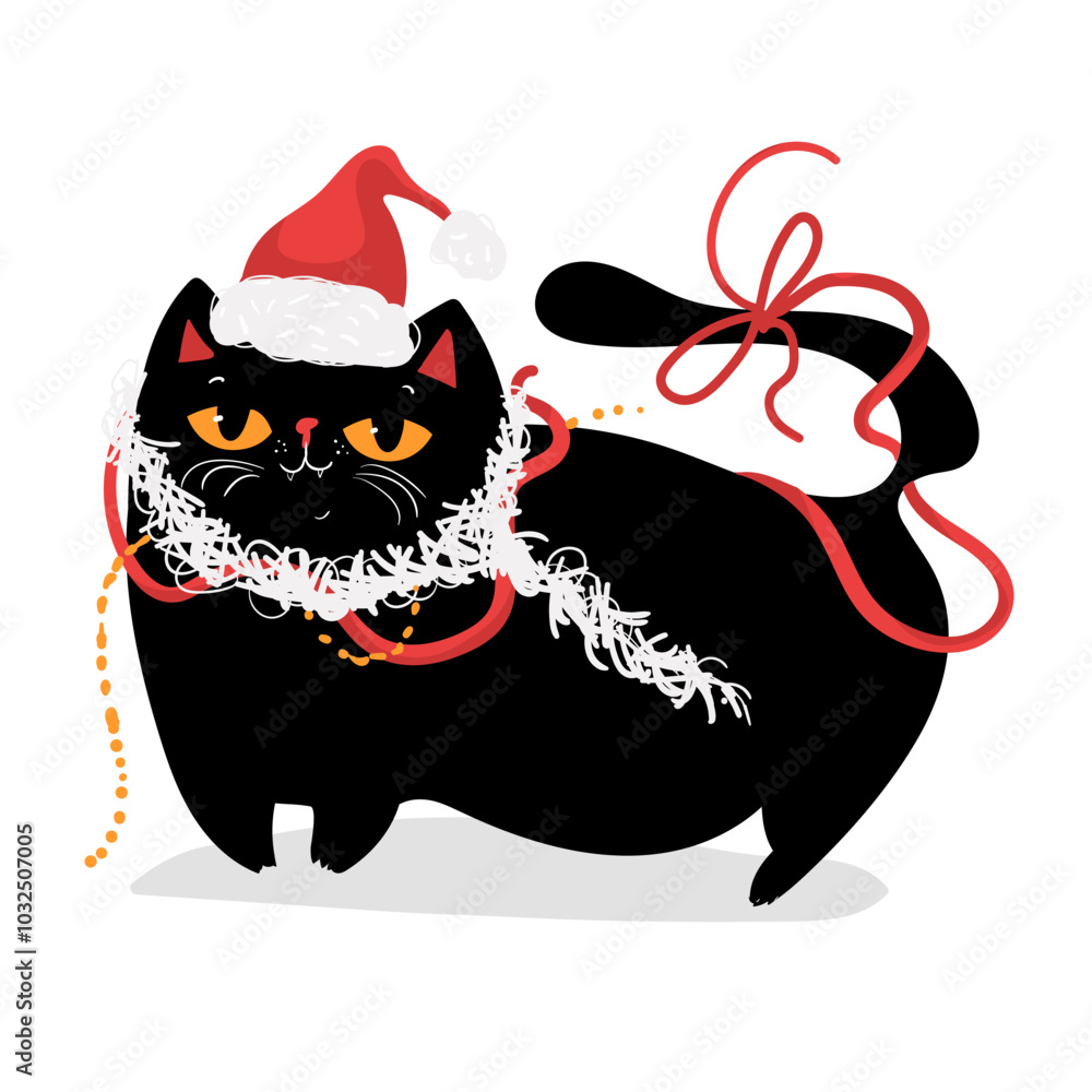 Wall mural christmas kawaii black cat with santa hat, purrfect holidays, sarcasm greeting card, funny and playf