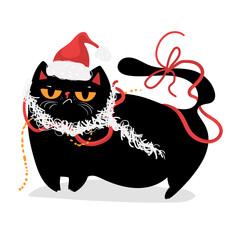 Christmas grumpy Black Cat with Santa Hat, purrfect holidays, sarcasm greeting card, Funny and Playful Cartoon Illustration.