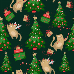 Cute ats decorate the Christmas tree with garlands. Christmas cat seamless pattern. Design suitable for banner, invitation, card, greeting, banner, cover, fabric, wrapping paper, wallpaper