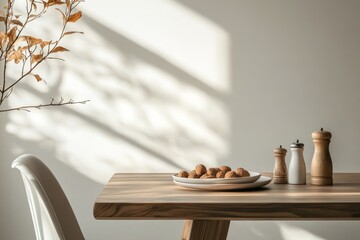 Interior design of stylish and elegant room with brown sofa, rattan armchair, wooden coffee tables, tea pot, mock up poster frame, decoration and personal accessories. Warm home decor, Generative AI