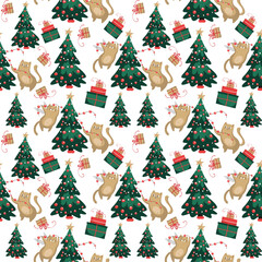 Funny Christmas cat seamless pattern. Cute cats with garland, Christmas tree, gift box. Design suitable for banner, invitation, card, greeting, banner, cover, fabric, wrapping paper, wallpaper