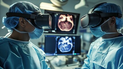 Medical professionals using virtual reality to visualize patient data and treatment plans in real-time.