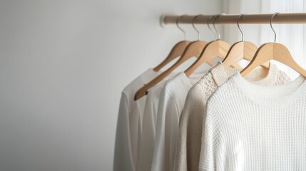 Obraz premium Minimalist White Clothes Hanging on Wooden Hangers in a Closet