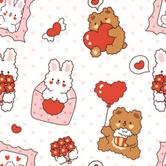 Cute hand drawn Kawaii bunny and teddy bears with red hearts and envelopes on a girly background with heart texture, happy birthday or Valentine’s Day seamless pattern.