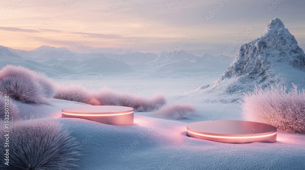 Fototapete a serene snowy landscape is illuminated by soft pink light from two circular platforms. distant moun