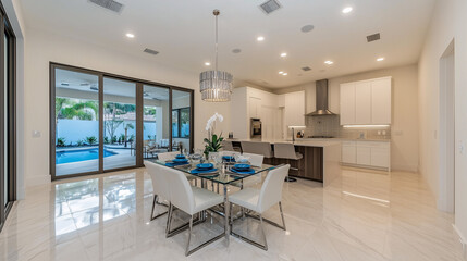 Modern dining room with a glass-top table, minimalist chairs, and a statement pendant light
