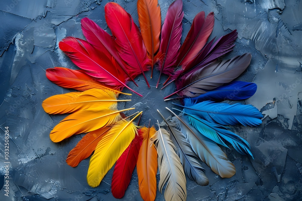 Poster vibrant circle of colorful feathers on a textured background