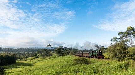 A vintage steam train chugs through a lush green valley on a sunny day.