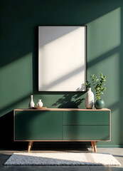 Mock-up frame on a modern commode in a dark green-themed home interior, 3d render