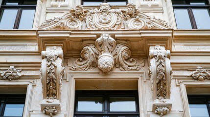 Obraz premium Close-up of intricate architectural details on a historic building, showcasing craftsmanship
