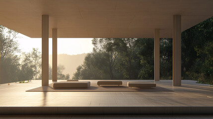 Fototapeta premium Open-plan living area with minimalist furniture and light wood flooring