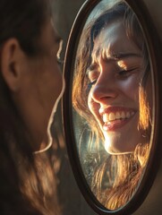 Smiling Woman Mirror Reflection Hidden Emotions Mental Health Concept