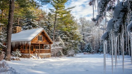 A snowy winter landscape with a cabin in the woods, icicles hanging from the roof, and snow-covered pine trees in the background 