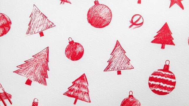 Simple red doodles of Christmas trees and ornaments on a white canvas, creating a festive yet minimal holiday design.