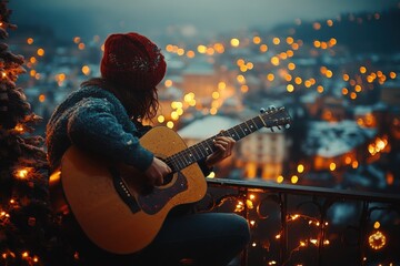 Obraz premium Someone is playing a guitar on a balcony overlooking a city