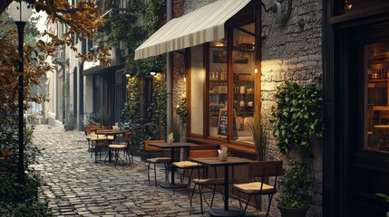 Fototapeta premium Cozy cafe with outdoor seating nestled in a charming street, showcasing urban life