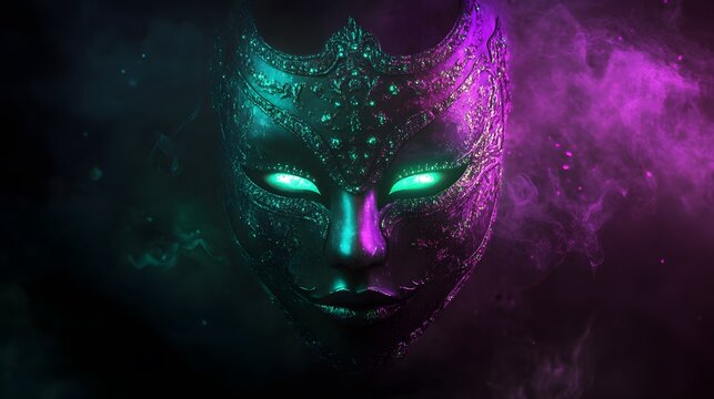 Mask with illuminated accents in glowing green and purple set against a dark backdrop creating a mystical effect