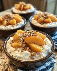 Cottage Cheese with Peach Slices and Granola in Brown Bowls