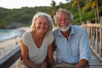 Happy elderly couple sitting on a wooden foot bridge at the beach, Generative AI