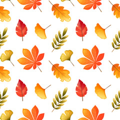 Obraz premium Seamless pattern with bright multicolored autumn leaves. Maple, oak, birch, rowan, yellow, red orange leaf. Seamless pattern on a white background for autumn designs, fabrics, textiles, wrapping paper