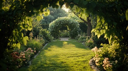 Naklejka premium A serene garden pathway framed by lush greenery and blooming flowers in soft sunlight.