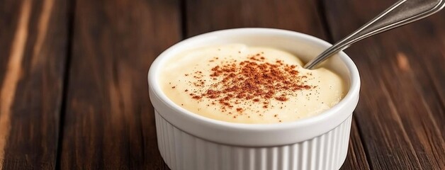 Creamy yellow custard in a rustic ramekin garnished with paprika on a charming wooden tabletop