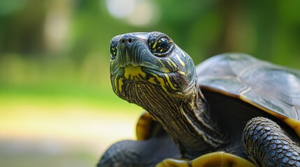 Obraz premium turtle with a friendly expression sitting against a green park background in natural daylight stock minimalist photo