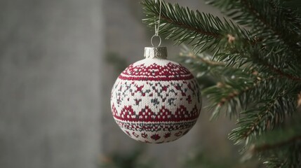 A close-up of a Christmas bauble with hygge pattern in Christmas colors