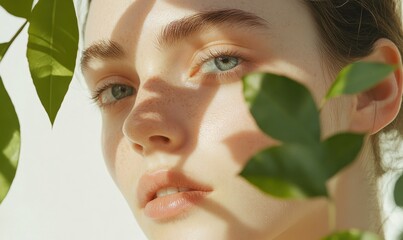 Woman's Face Partially Hidden by Green Leaves, Sunlight, Close-Up