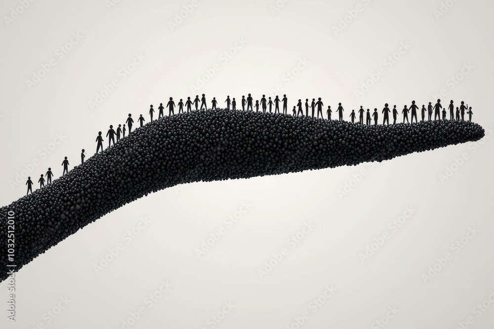 Poster winding wave of human figures in silhouette walking in single file symbolizing the flow of life unit