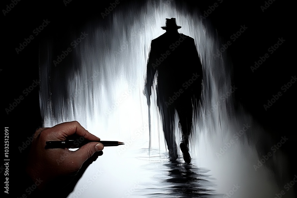 Aufkleber dark silhouette of a man in a long coat in a mysterious shadowy setting symbolizing anonymity secrec