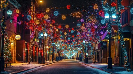 A street filled with holiday lights, with trees and buildings covered in sparkling, colorful bulbs,...