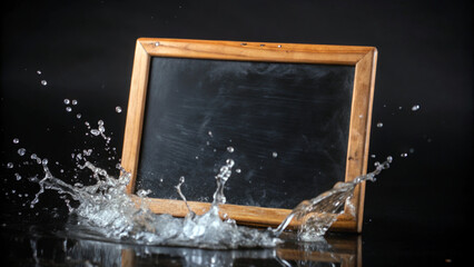 Wooden-framed board captures the movement of splashing water against a dark background.Dynamic water drops create a sense of movement and contrast with the surface of the board,with copy space.AI gene
