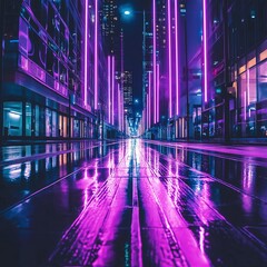 Fototapeta premium A modern city street illuminated by neon lights reflects on wet pavement at night