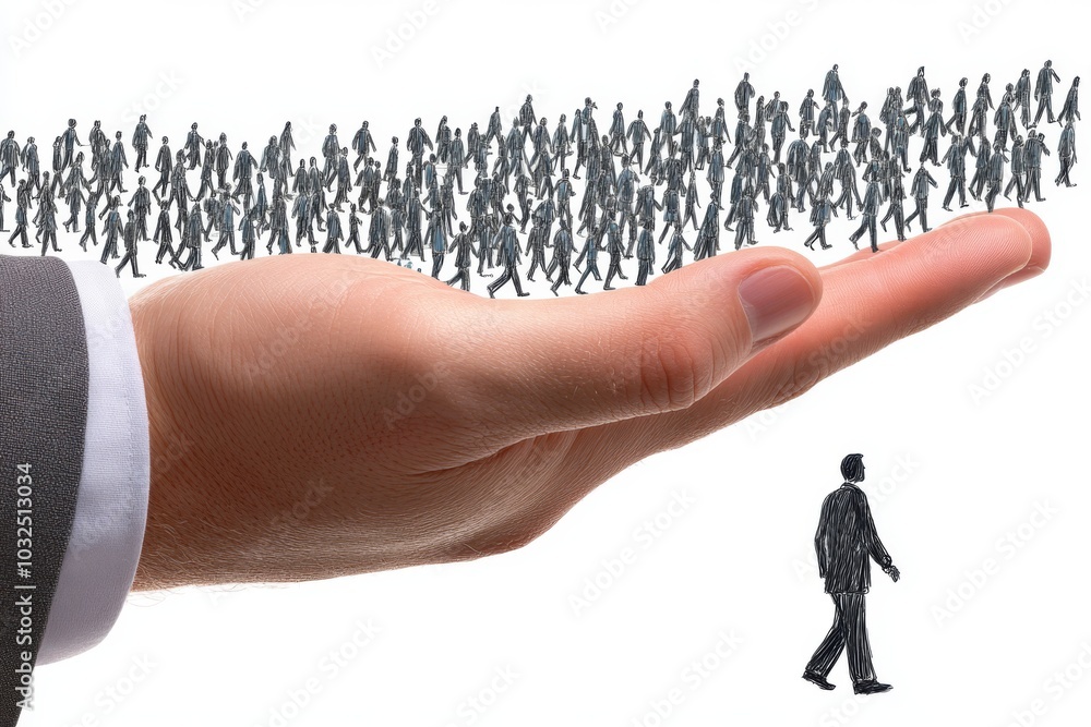 Poster hand holding a line of walking figures symbolizing progression teamwork and the journey toward the f
